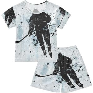 ALAZA Black Ice Hockey Player Watercolor Pajamas Set Short Sleeve Cotton Sleepwear Summer Pjs 2 Piece 12Y
