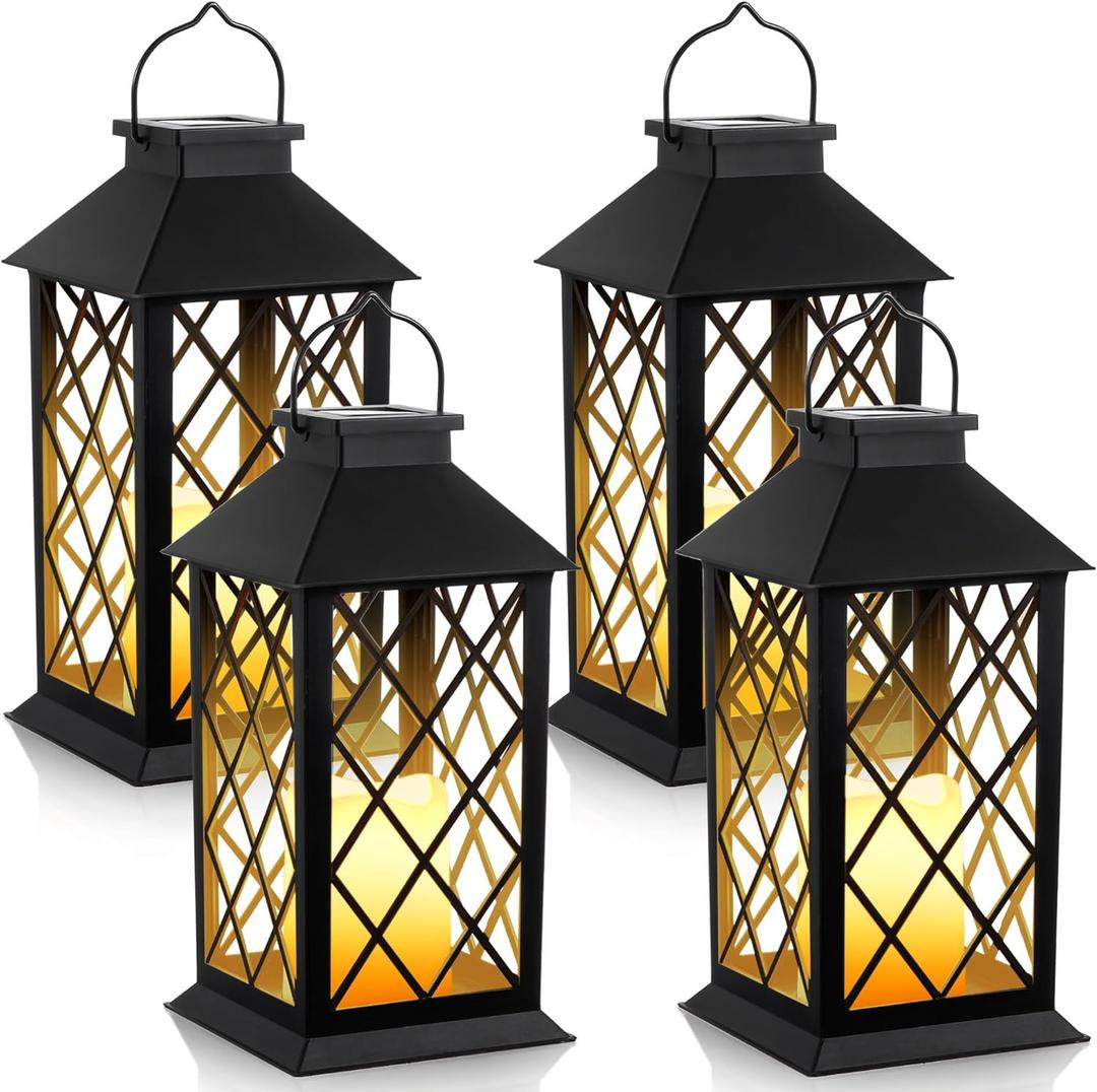 4 Pack Solar Hollow Lanterns Outdoor, Waterproof Patio Hanging Lanterns with LED Flickering Flameless Candle Lights, Decorative Solar Lantern for Porch, Garden, Patio, Yard, Table