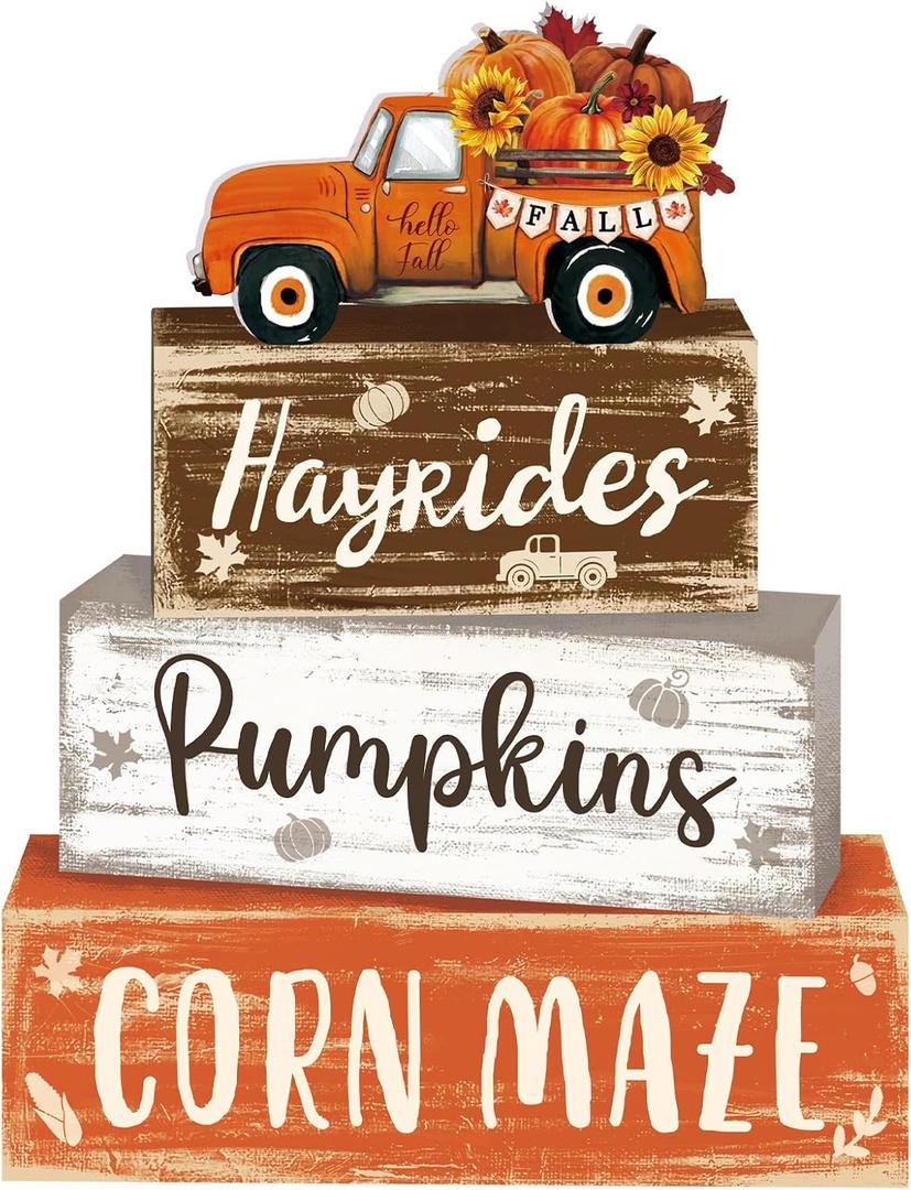 4 Pcs Fall Thanksgiving Decor for Home Truck Pumpkin Wooden Signs with Sayings Autumn Thanksgiving Tiered Tray Decor Fall Hay Ride Tabletop Centerpiece Corn Maze Block Signs for Office Kitchen Shelf