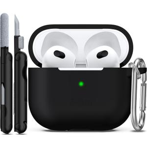 R-fun Compatible with AirPods 3 Case Cover, Silicone Protective Accessories Skin with Keychain Compatible with Apple AirPod 3rd Generation 2021 for Women Men Girls Boys,Front LED Visible,Black