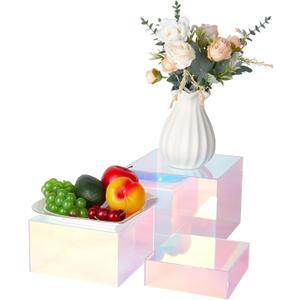 3Pcs Iridescent Risers Display Stands, Stackable Acrylic Cubes Display Box, Nesting Rainbow Showcase for Collectibles Figures Jewelry Perfume Handbag Dessert Party, Neon Food Buffet Riser