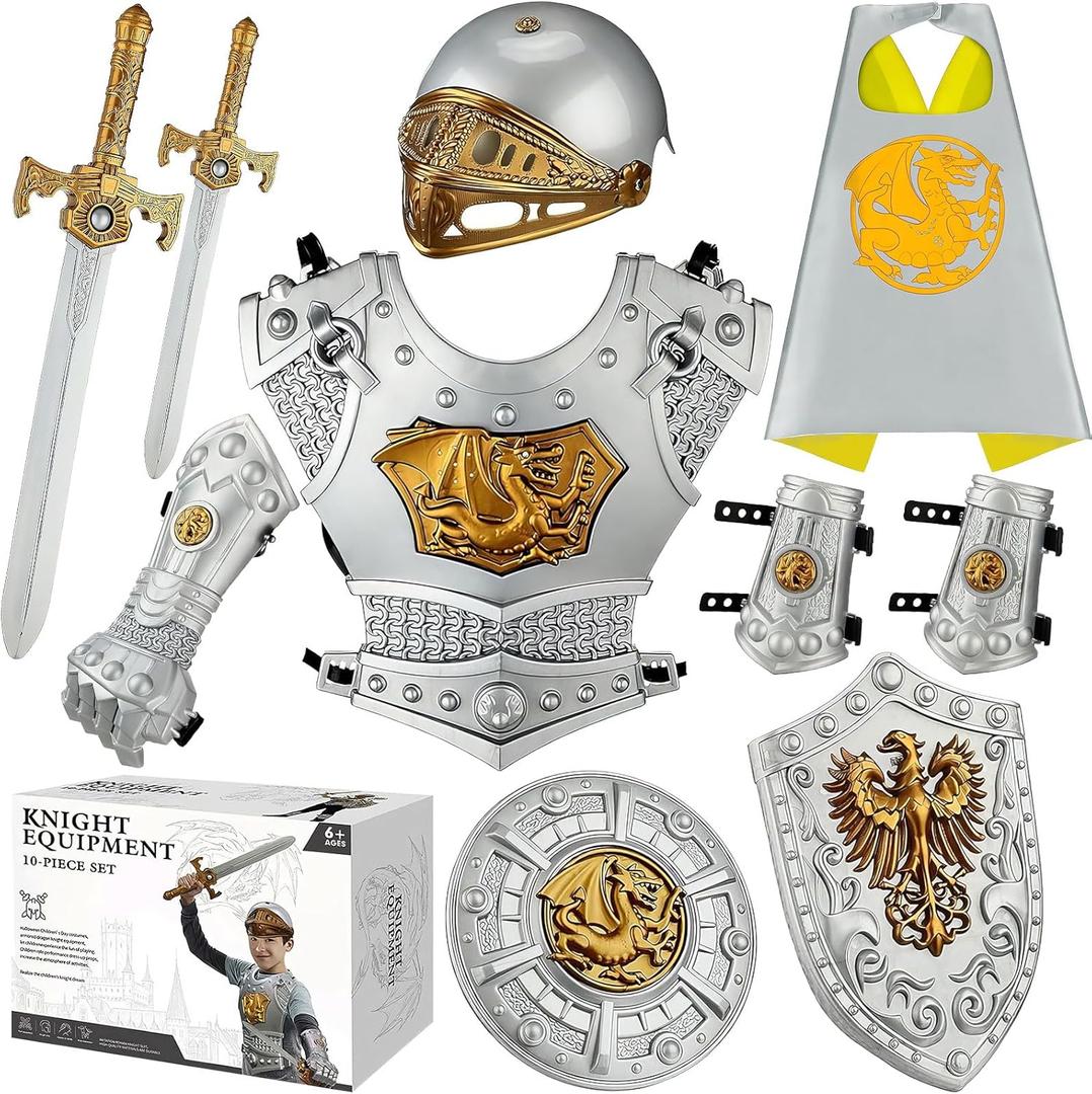 Kids Medieval Knight Armor Costume Set with Helmet, Shields, Chest Piece, Swords and Cape, Halloween Birthday Gifts for Kids Pretend Role Play Plastic Toy Royal Silver Knight Dress Up