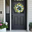 Faux Silk Flower Spring Summer Easter Wreath 24-26" for Front Door – White Ranunculus Yellow Daisy Blue Hydrangea Green Eucalyptus Leaves – Farmhouse Front Porch Wreath, Outdoor Indoor Use