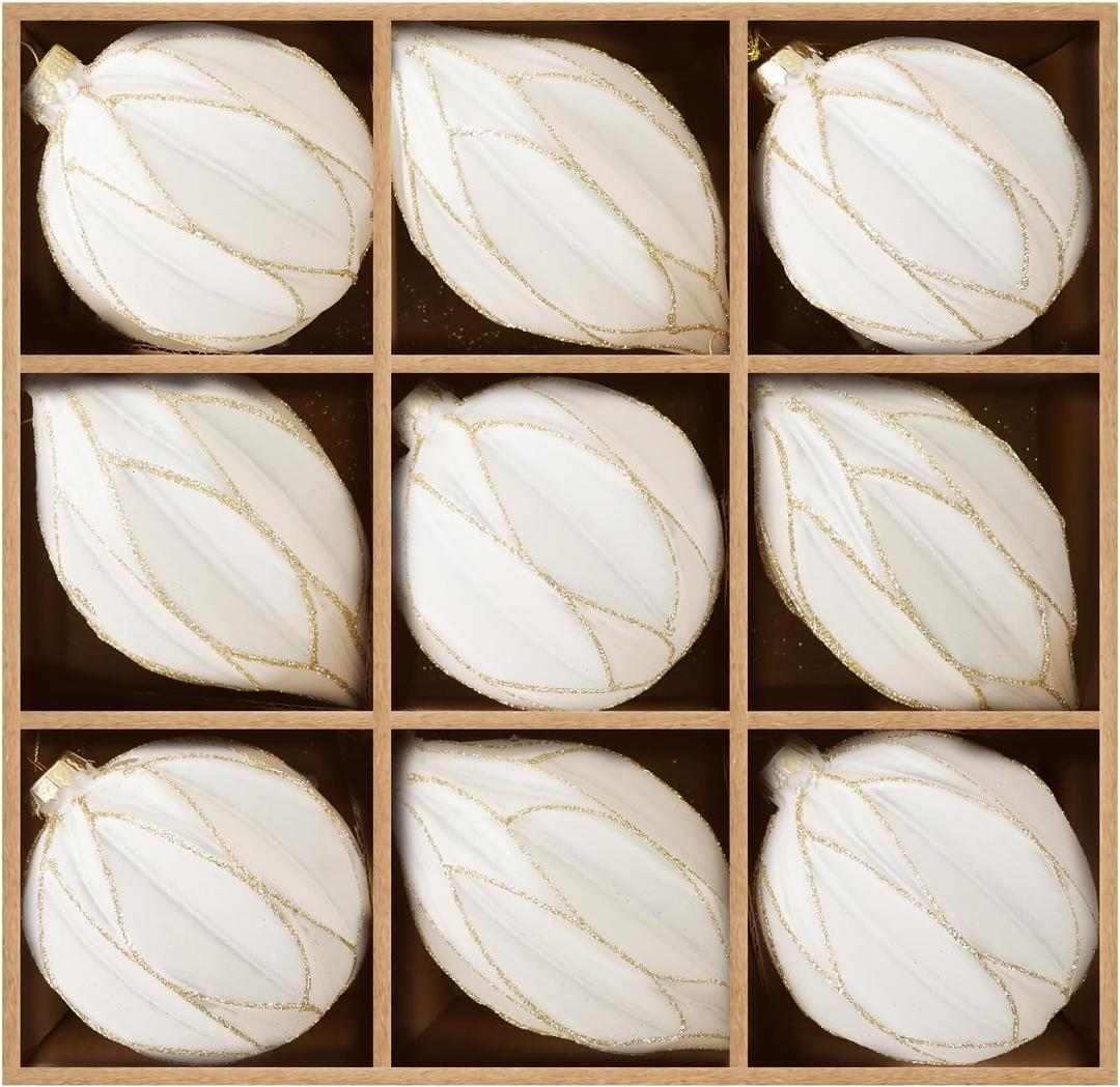 WDS WONDROUS Christmas Ornaments White and Gold Line, Glass Set of 9 Vintage Christmas Ball & Teardrop for Xmas Tree Ornament Set, Hanging Assorted Glass Balls for Holiday Home Party Decor