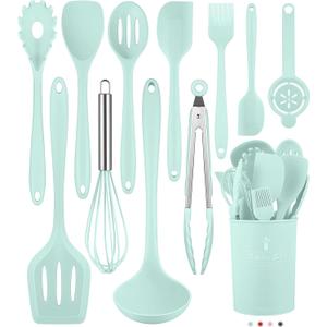 Kitchen Utensils Set-12 Pieces Silicone Cooking Utensils Set (Dishwasher Safe) 392F Heat Resistant Spatula Set,Kitchen Utensil Set for Nonstick Cookware,Best Kitchen Tools with Holder (Green)