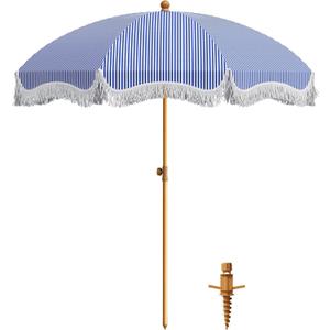 PHI VILLA 7ft Beach Umbrella with Fringe & Sand Anchor, Outdoor Patio Heavy Duty Windproof Portable Tassel Umbrellas for Sand with Push Button Tilt & Carrying Bag, UPF 50+, Stripe Blue & White