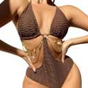 OYOANGLE Women's Chain Linked Cut Out Halter One Piece Swimsuit Tummy Control Bathing Suit (Medium, Chocolate Brown)