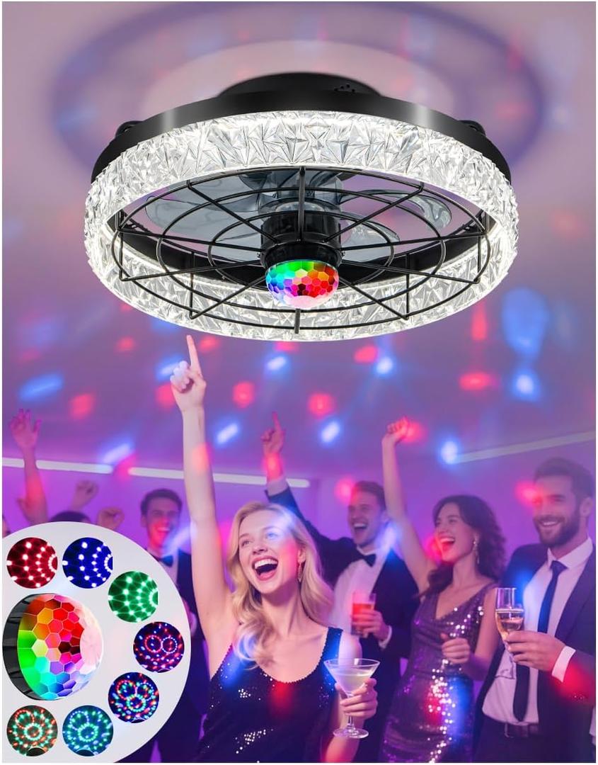 Disco Ceiling Fans with Lights,7 Color Disco Ball Modes, Flush Mount Low Profile Ceiling Fan with Light and Remote Control Dimmable 3 Color Reversible Motor 6 Speeds for Bedroom Living Room Party (Black)
