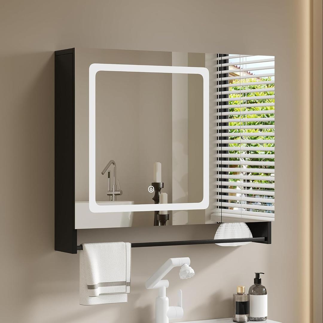 ChooChoo Bathroom Medicine Cabinet with Mirror, Modern Mirror Cabinet with LED Lights, Bathroom Wall Cabinet with Adjustable Shleves, Towel Bar, Black