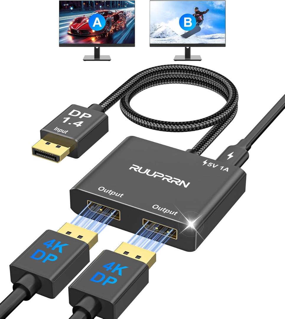 4K@60Hz DisplayPort to Dual DisplayPort Splitter Adapter, Display Port Splitter for Dual Monitors, DP 1.4 Splitter 1 in 2 Out, Displayport MST Hub for PC, Graphics Card, NVIDIA, AMD