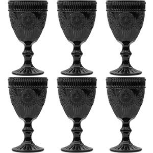 Black Vintage Wine Glasses Set of 6, 10 Ounces Colored Glass Water Goblets, Unique Floral Embossed Pattern High Clear Stemmed Glassware Wedding Party Bar Drinking Cups Fancy Glasses Hand Wash Only