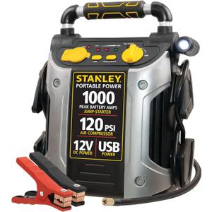 STANLEY 1000 Peak Amp Automotive Jump Starter, Portable Power – 2.1A/10W USB Port, 12V Outlet, 120 PSI Air Compressor for Tires, Bikes & Sports Equipment