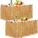 Aodaer 2 Pack Thickened Grass Table Skirt Natural with Hibiscus Flowers 400g Hawaiian Luau Tropical Party Decor Fringe Party Decoration for Costume Tiki Tropical Hawaii Moana Birthday, Straw Yellow
