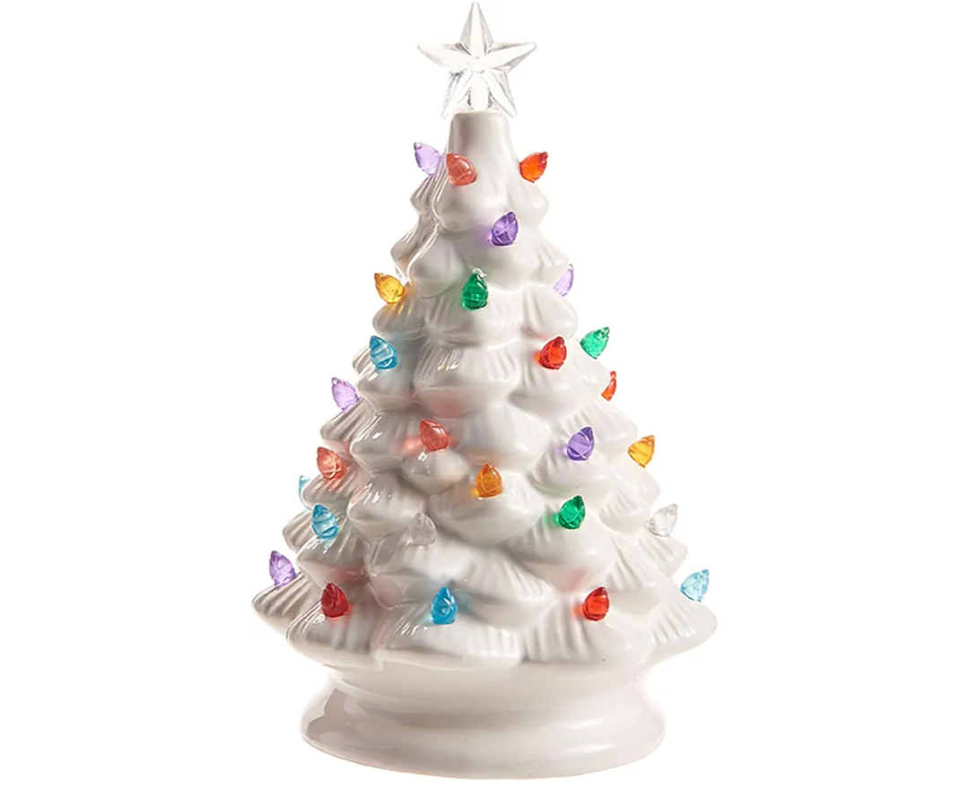 Red Green Blue Clear Holiday Tree Lighted 8 inch Ceramic Decorative Tabletop Figurine