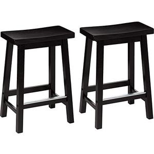 Amazon Basics 24" Counter Stool, Solid Wood Saddle-Seat, Height Kitchen Island BarStool, Set of 2, Black