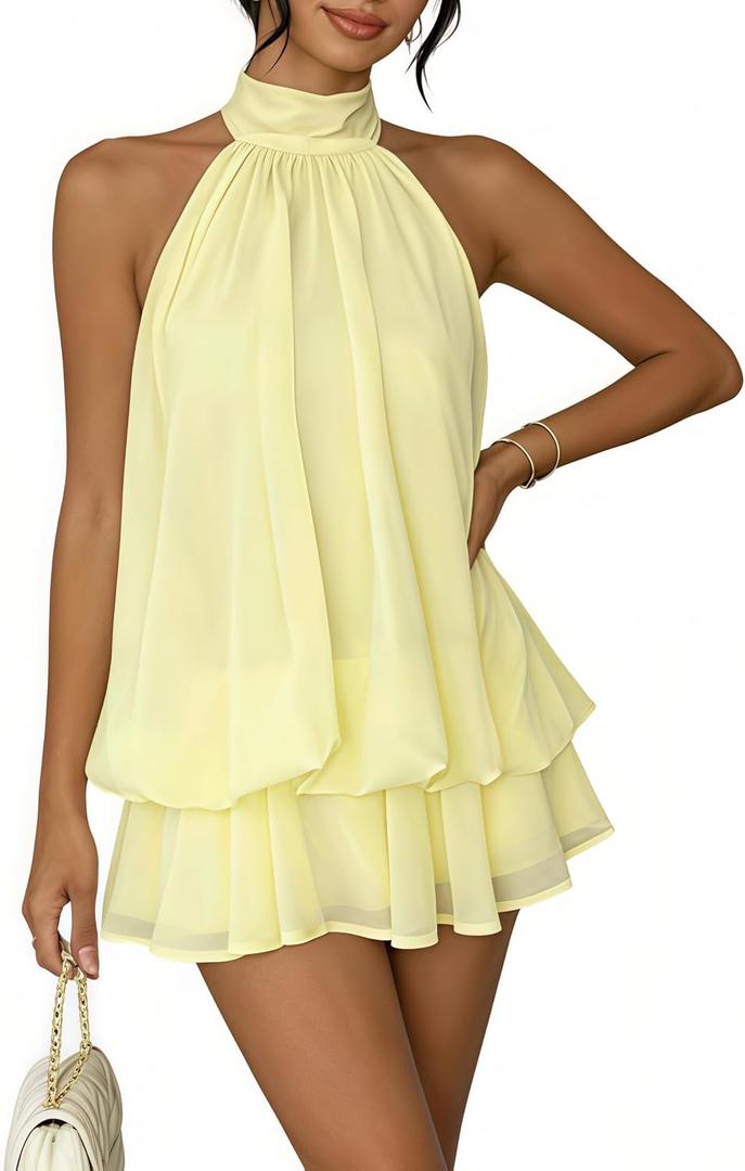 AXX Women's Chiffon Halter Mini Dress Backless Ruffle A-Line Yellow | Lightweight fabric; summer parties; wedding guests; date nights; adjustable tie back; breezy flowy fit (Yellow, M)