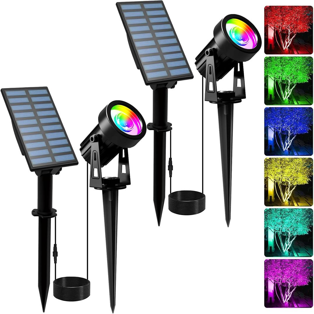T-SUNUS Solar Spotlights Outdoor RGB, Color Changing Landscape Lights with 9.8ft Cable, IP65 Waterproof, Adjustable Solar Panel & Light, Auto On/Off for Yard Tree Pathway Driveway Christmas (2 Pack)
