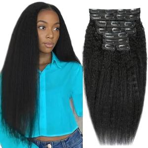 Kinky Straight Clip in Hair Extensions Real Human Hair 5 pcs 20Clips Yaki Straight Clip Ins 16Inch 110g Full Head Hair Extensions Brazilian Remy Hair Double Weft Natural, Black
