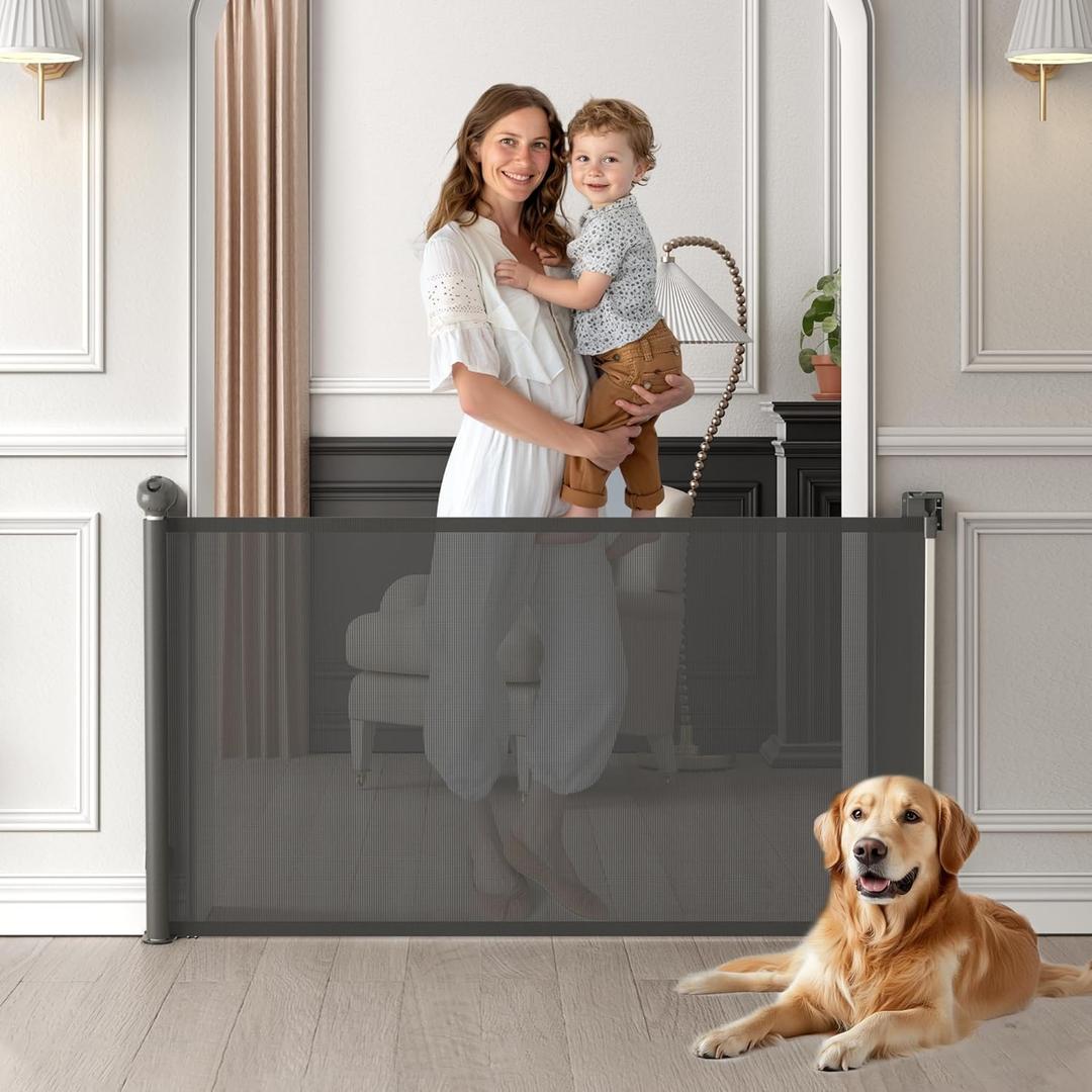 Retractable Baby Gate, Baby Gate for Stairs Auto-Lock, Dog Gates for Doorways Safety, Extends to 34.5x55in, Grey (Gray)