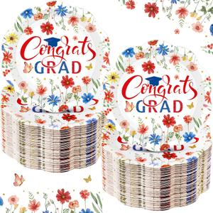 Funnymoom 100 Pcs Red and Blue Graduation Party Supplies, Class of 2026 Paper Plate Napkin Cup, Floral Graduation Cutlery Disposable Wildflower Tableware Set for Congrats Grad Party Decorations