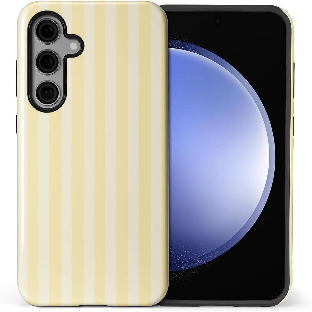 Compatible with Samsung Galaxy S25 Glossy Case for Girl Boy Full Body Design Soft Silicone Drop Shock Scratch Protection Crazy Pattern Yellow and Cream Stripes Geometric Vertical Line