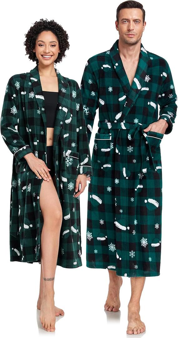 EA'S SECRET Matching Christmas Robes for Couples Plush Fleece Robe Full Length Warm Long Bathrobe Lightweight Spa Robes (XX-Large, A2-mens-Green Plaid Pattern)