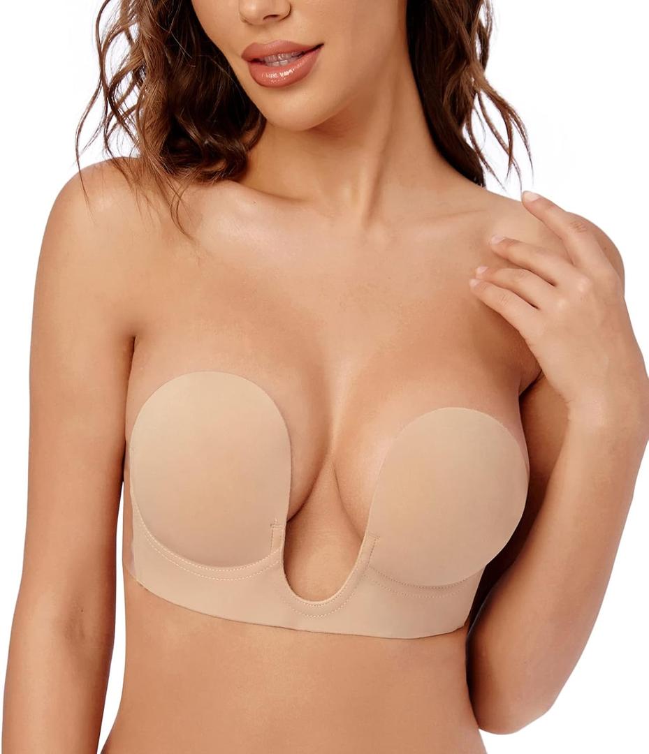 Wekofi Adhesive Plunge Backless Push Up Sticky Invisible Light Padded Bra(DD3,Brown)