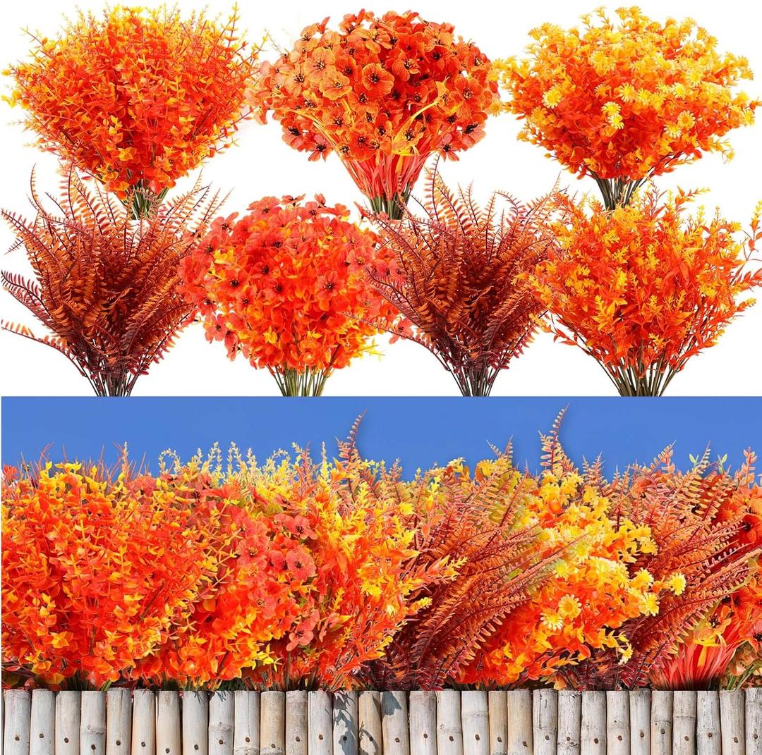 Giegxin 70 Bundles Artificial Fall Flowers for Outdoors Decoration Fall Fake Autumn Plants UV Resistant Faux Plastic Mums No Fade Boston Fern for Thanksgiving Garden Patio Porch Autumn Indoor Decor