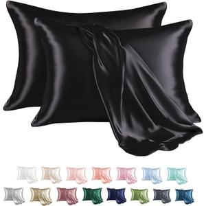 MR&HM Satin Pillowcase for Hair and Skin, Silk Satin Pillowcase 2 Pack, Queen Size Pillow Cases Set of 2, Silky Pillow Cover with Envelope Closure (20x30, Black)