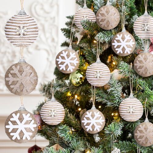Simgoing 12 Pcs Farmhouse Christmas Ball Ornament Neutral Boho Burlap Rustic Christmas Tree Decoration Snowflake Jute Rope Shatterproof Hanging Rustic Ornaments for Holiday Xmas Home, 2.36 Inch