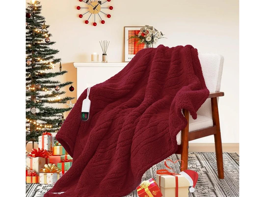 MAXEVE Heated Blanket Electric Throw 50"x60" Soft Double Sided Sherpa Heating Blanket with 8 Fast Heating Levels & 1-8H Auto-Off,Over-Heat Protection,Machine Washable,ETL Certification,Christmas Red