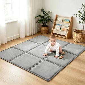 Goyuu Foldable Baby Play Mat for Floor, 50x50 Playpen Mat,Super Soft Velvet 0.8" Baby Tummy Time Mat, Non-Slip Water-Resistant Easy Clean Foam Playmat for Baby,Grey