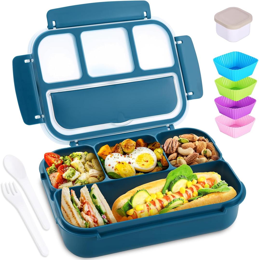 Bento Box Adult Lunch Box, Kids Lunch Containers for School with 4 Compartments, with Utensils, Sauce Jar, Muffin Liners, Microwave Safe, Navy (1200ML)