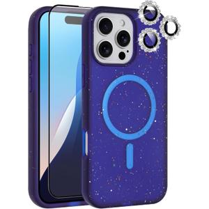 MZELQ for iPhone 16 Pro Case, Compatible with MagSafe, Shower Blue, Shockproof, Drop Proof, Ultra-Slim, Diamond Camera Protector, Screen Protector, Silicone Designed for iPhone 16 Pro Case