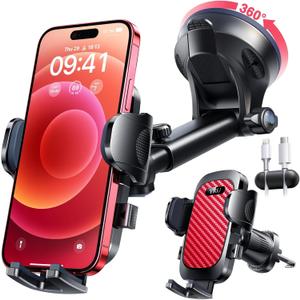 YRU True Military-Grade [360° Rotation Suction] 2026 Ultimate Car Phone Holder Mount 【90+LBS Safest Strongest & Patent Certs】 Dashboard Windshield Vent for iPhone 17 16 Pro Max Samsung, Red