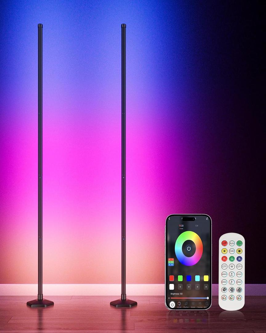 YIKBIK 2PCS RGB+W Corner Floor Lamp, 65" Color Changing 24V LED Floor Lamp with Cool White Bluetooth APP Remote Control Music Sync Atmospheres Lamp 16 Million DIY Colors for Living Room Bedroom