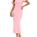 ZESICA Women's Summer Asymmetrical Bodycon Midi Dresses 2026 Formal Ruched Wedding Guest Cocktail Party Long Dress, Pink, Medium