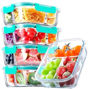 VERONES 5 Pack Glass Meal Prep Containers 3 Compartment Set, 36OZ Airtight Glass Lunch Containers, Glass Food Storage Containers with Lids, for Microwave, Oven, Freezer & Dishwasher Friendly,Green