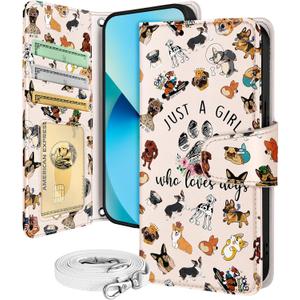 Buleens for iPhone 13 Wallet Case for Women - with Card Holder for iPhone 13 Flip Case Leather Crossbody Cute Aesthetic i Phone 13 Case with Strap Kickstand for Girls Girly, Little Puppy