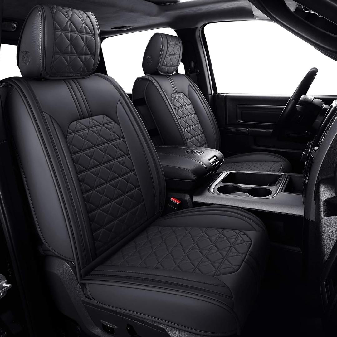 YIERTAI Dodge RAM Seat Covers Fit for 2009-2025 2026 1500HD 2010-2026 2500/3500HD Truck Full Set Crew Double Cab Quad Cab Waterproof Faux Leather Seat Covers(5 PCS Full Set/Black)