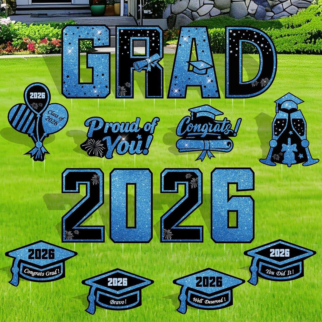 16 Pcs Graduation Yard Signs Class of 2026, 16.1" Large Blue Graduation Yard Sign with Stakes, Congrats Grad Sign for Graduation Party Decorations, Outdoor Grad Decorations for College High School