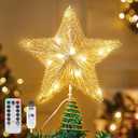 Joiedomi 9.5" Golden Christmas Star Tree Topper Radial Design, Metal Treetop Decorations with 20 LED Warm White, USB Powered Remote Control for Home Holiday Xmas Party Indoor Decor
