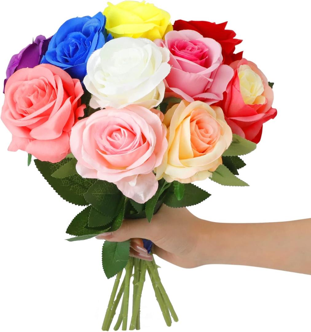 RETON 10 Pcs Artificial Silk Rose Flower, Realistic Roses Fake Flowers for DIY Wedding Bouquets Centerpieces Party Garden Home Floral Arrangement Decoration - 50cm (Multicolor)