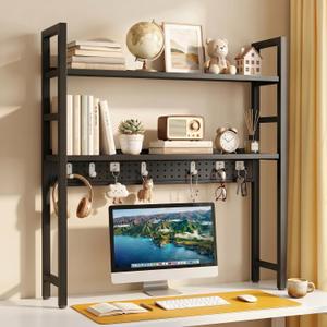 Brakki 2-Tier Desk Shelf, Desk Hutch Bookshelf with Pegboard and Hook Dorm | 30" W, Desktop Bookcase for Computer Monitor, Metal Desktop Hutch, Storage Organizer for Office, Black