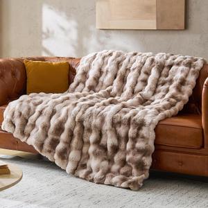 Fluffy Faux Rabbit Fur Bubble Queen Blanket,Tie Dye Brown,90"x90"