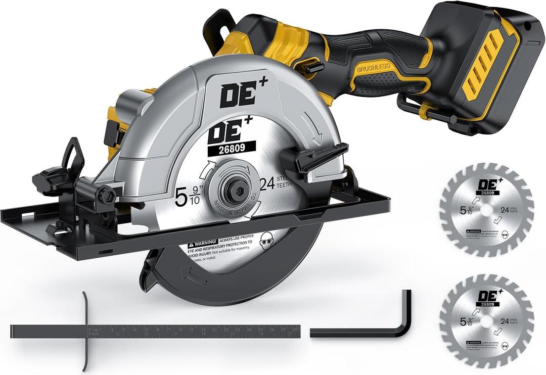 Brushless Cordless Circular Saw, for DeWalt 20V Max Battery, 6-Inch Aluminum Alloy Blade, 5900 RPM, 4.2 Lbs Lightweight, Cutting Depth 2-1/20" (90), 0-90 Bevel, Hex Wrench, Rip Guide, for Wood, PVC