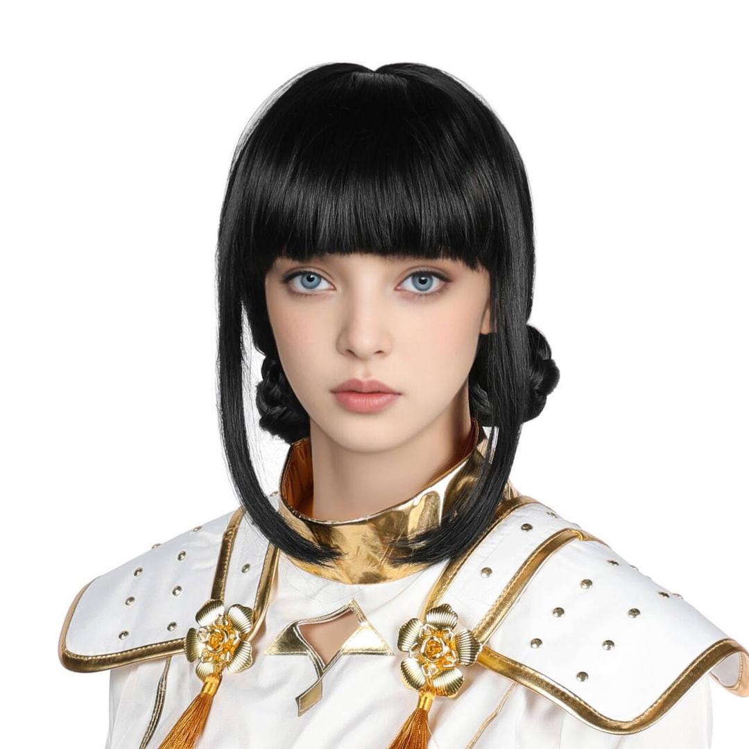 Short Black Wigs With Bangs,Black Wig With Bunss and Braids,Cartoon Movie Cosplay,Synthetic Hair,Heat Resistant Fiber,Halloween Costume Adult Accessory