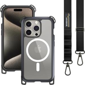 MAGEASY Case with Strap for Phone 15 Pro - Ultimate 22ft Drop Protection, 6.1" Crossbody Case with Lanyard, Compatible with MagSafe - Odyssey Ultra M | Embedded Metal Frame (15 Pro 6.1", Metal Black (Odyssey Ultra M))
