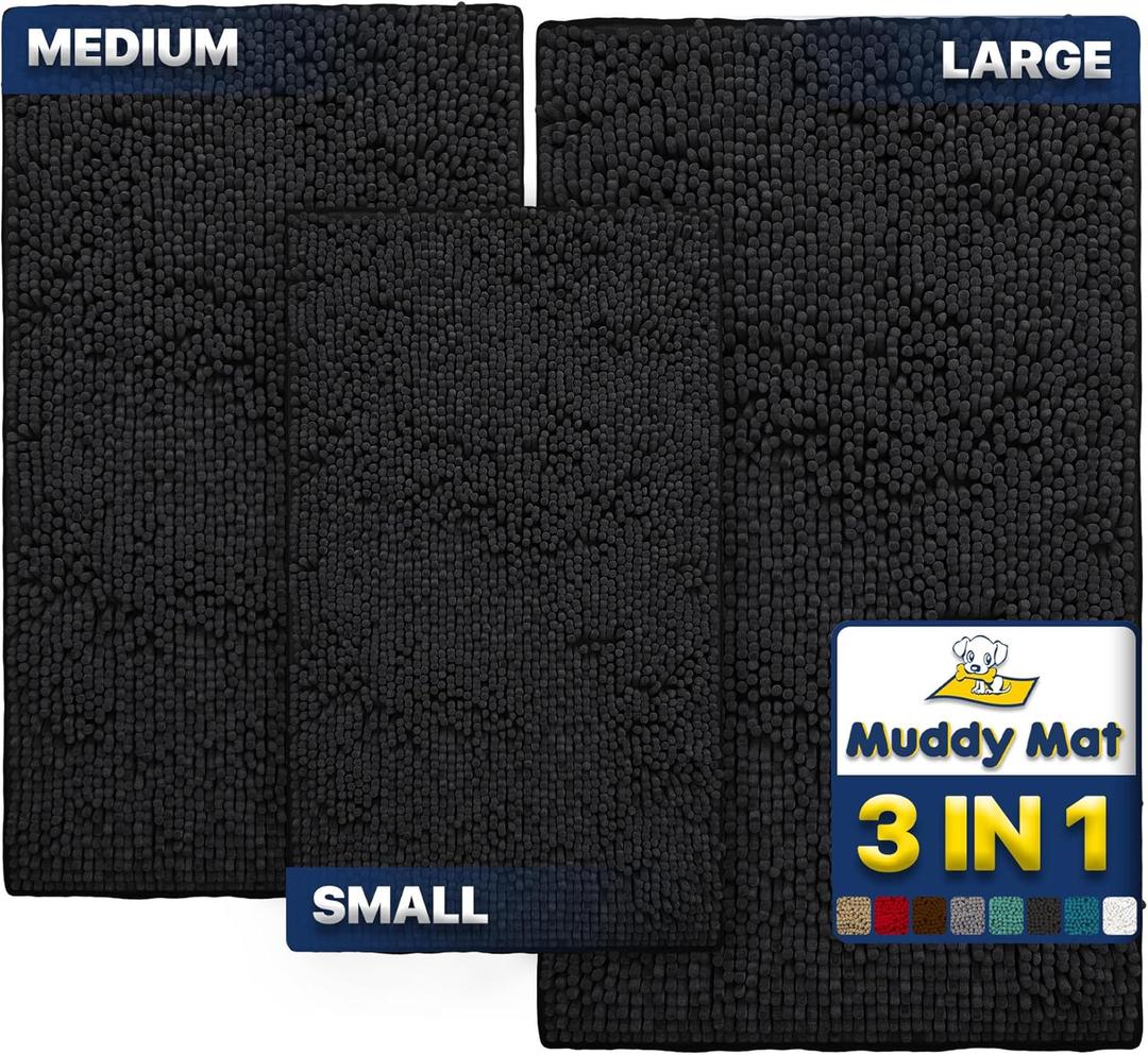 Muddy Mat Pack of 3 Highly Absorbent Microfiber Dog Door Mat and Pet Rug, Non Slip Thick Washable Area Mat Soft Chenille for Kitchen Bathroom Bedroom and Outdoor - Black Small, Medium & Large