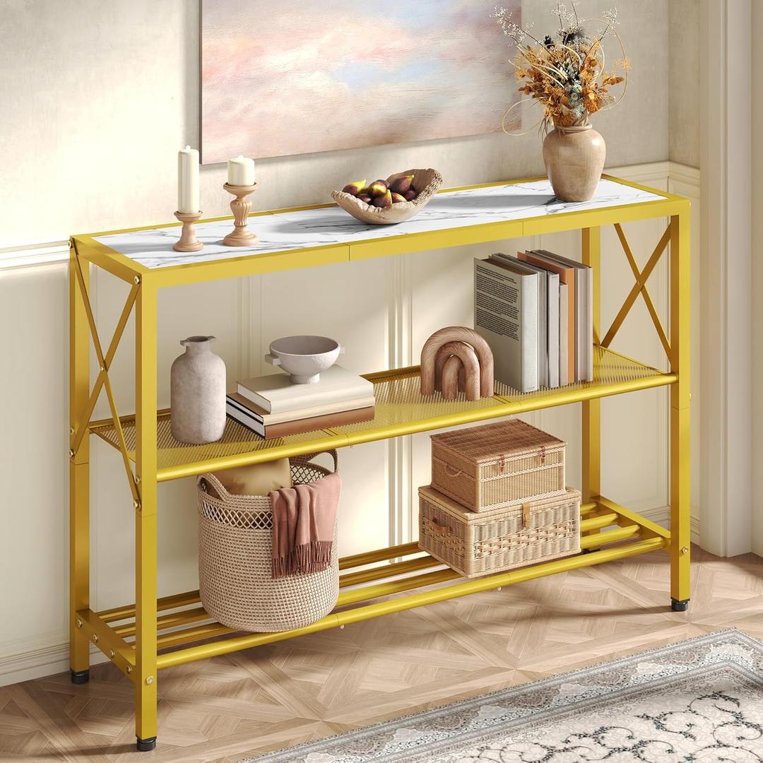 Hoctieon Gold Console Table, 3 Tier Entryway Table, Hallway Table, Narrow Sofa Table with Shelves, Entrance Table for Entryway, Gold and White